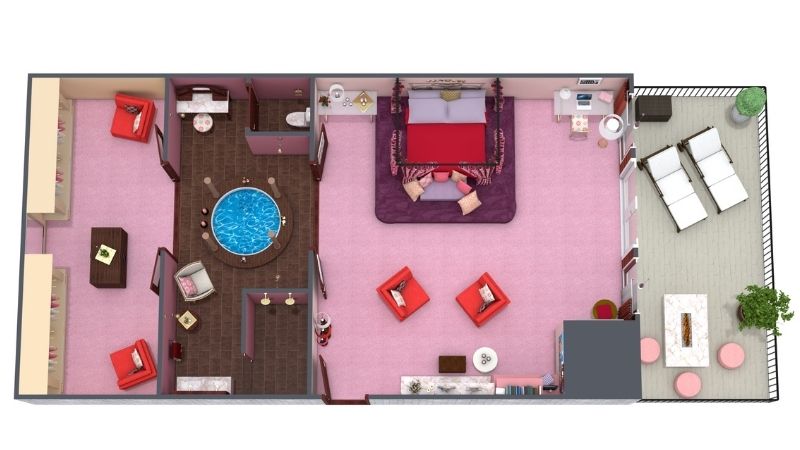 3D Floor Plan of Regina George's bedroom from Mean Girls. The floor plan shows a balcony with two separate seating areas and two green plants. The bedroom has a bed, an end piece, a desk, a table, a mirror, and two chairs in front of a fireplace. In the bathroom, there is a round hot tub, separate toilet and showers, a vanity, sinks, and a chair. Through the bathroom is a walk-in closet.