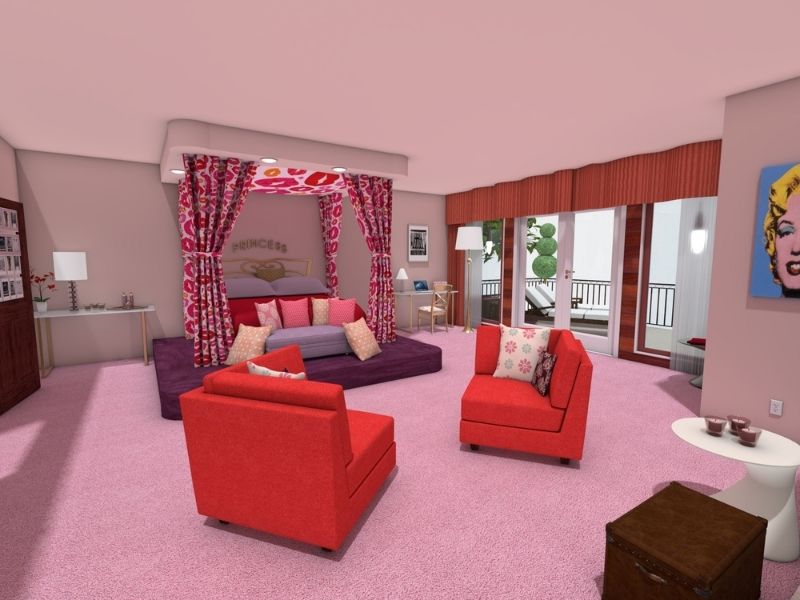 3D Photo of Regina George's bedroom. It shows the bed, two seats and a few tables as well as a desk in the corner of the room.