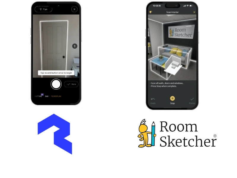 Polycam vs RoomSketcher LiDAR capturing comparison. The image shows a comparison between the two floor plan tools. On the left side of the image is a screenshot of how the Polycam capturing interface looks like. It shows a highlighted door during a capture. Below the screenshot is the Polycam logo. On the right side of the image is a screenshot of how the RoomSketcher's FloorCapture feature interface looks like during a capture. It shows highlighted lines of furniture, a couch and a table, as well as highlighted lines along walls and floors. Below the screenshot is the RoomSketcher logo.