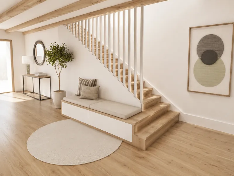 3D render of a bright, minimalist interior with light wood floors and exposed ceiling beams. A staircase with white vertical railings incorporates a cushioned built-in bench and storage beneath, complemented by a potted tree, round mirror, console table, neutral rug, and abstract wall art.