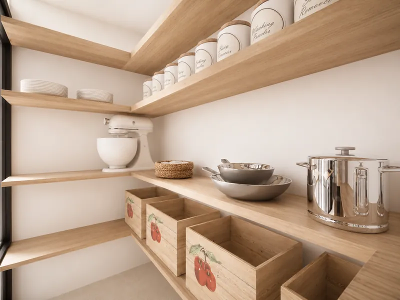 3D render of a bright walk-in pantry with wraparound light wood shelves. The shelves hold labeled canisters, stacked plates, a stand mixer, metal cookware, serving bowls, woven baskets, and wooden produce crates.