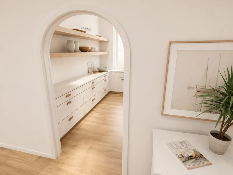 3D render of a bright minimalist interior with an arched doorway leading into a white kitchen or pantry. Light wood floors, floating shelves, brass-toned cabinet pulls, framed artwork, and a potted plant create a warm neutral look.