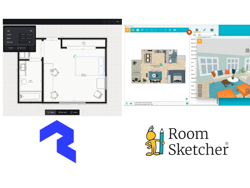 Polycam vs RoomSketcher. The image shows a comparison between the two floor plan tools' user interface with editing capabilities. On the left side of the image is the Polycam user interface editing tool. It shows a 2D floor plan seen from above of a bedroom, closet, bathroom and entrance. Below the floor plan is the Polycam logo. On the right side of the image is the RoomSketcher user interface editing. It shows both a 2D floor plan and a 3D view of the floor plan. The floor plan is of a one-bedroom, one-bathroom floor plan. Below the user interface image is the RoomSketcher logo.