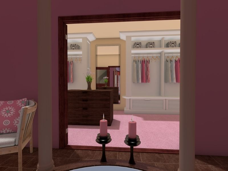 3D Photo of Regina George's bedroom. The image shows the walk-in closet from afar. There's only a glimpse of the closet. There are dresses hanging from open wardrobes. There is also a dark wooden dresser in the middle of the room in front of a mirror.