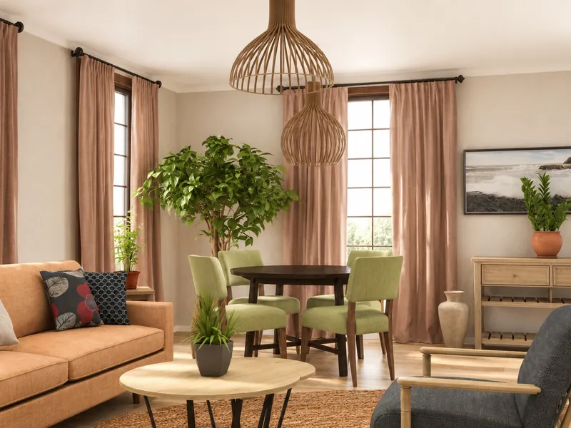 A warm living and dining room with peach curtains, an orange sofa, green dining chairs around a dark wood table, woven pendant lights, indoor plants, and natural wood furniture.