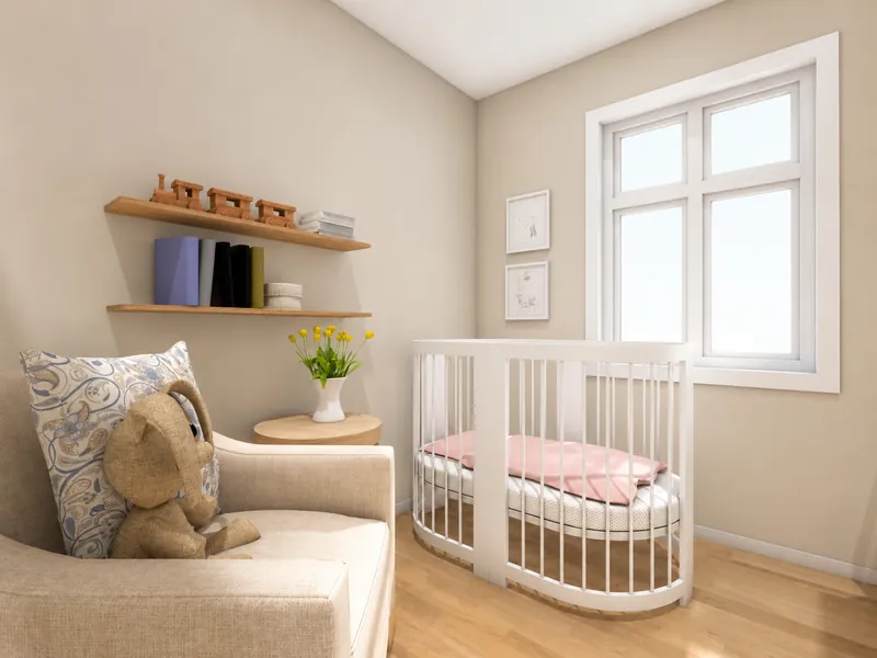 A softly lit nursery with a white oval crib beneath a large window, a beige armchair holding a teddy bear, floating wooden shelves with books and toys, and a small side table with yellow flowers.