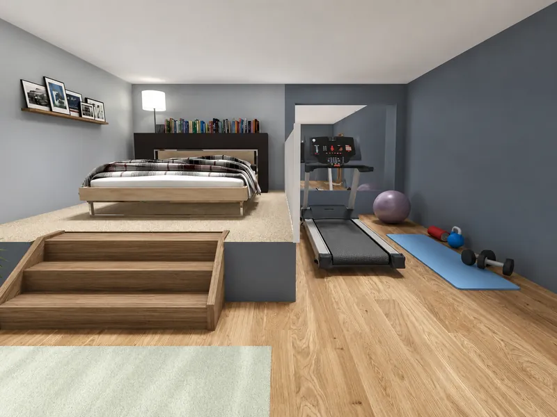 Multipurpose bedroom and home gym with gray walls and light wood flooring. A raised sleeping platform holds a bed and books, while the lower area includes a treadmill, exercise mat, dumbbells, kettlebells, and a stability ball.
