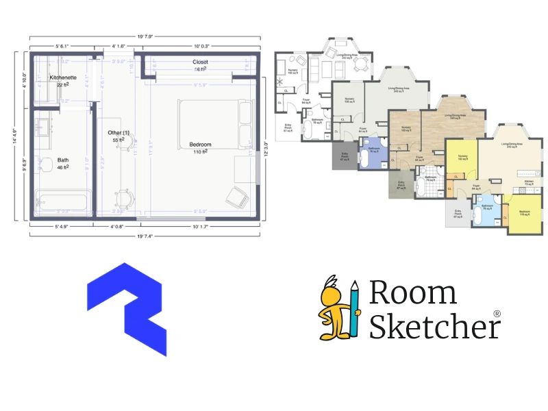 Polycam vs RoomSketcher 2D floor plans. The image shows a comparison between the two floor plan tools' 2D floor plans. On the left side of the image is the Polycam 2D floor plan with a bedroom, closet, kitchenette, and a bathroom. It's in grey and black. Below the floor plan is the Polycam logo. On the right side of the image is multiple 2D floor plans made with RoomSketcher showcasing the variety of styles you can make with RoomSketcher. There are black-and-white, the standard floor plan, floor plan showing materials, and color-coded. Below the floor plans is the RoomSketcher logo.