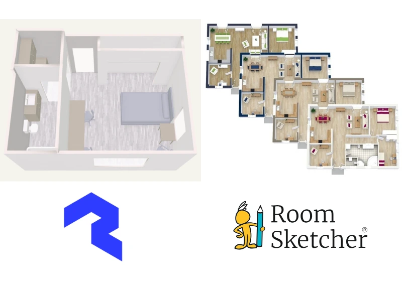Polycam vs RoomSketcher. The image shows a comparison between the two floor plan tools' 3D floor plans. On the left side of the image is a 3D floor plan made with Polycam. Below the floor plan is the Polycam logo. On the right side of the image is a variety of 3D floor plans made with RoomSketcher, showcasing all the different possibilities with 3D floor plans through the software. Below the floor plans is the RoomSketcher logo.