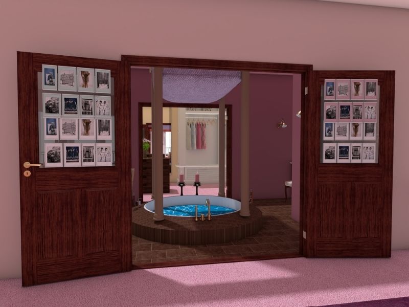 3D Photo of Regina George's bedroom. The image shows the entrance to the bathroom, with a view of the round hot tub that is in the middle of the room. Behind the hot tub are two tall candles. The doors to the bathroom is decorated with photos.