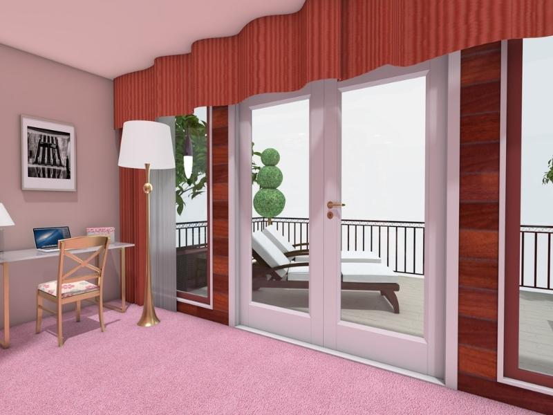 3D Photo of Regina George's bedroom from Mean Girls. The image shows the view out to the balcony through closed doors. The view is of two lounge chairs and two plants.
