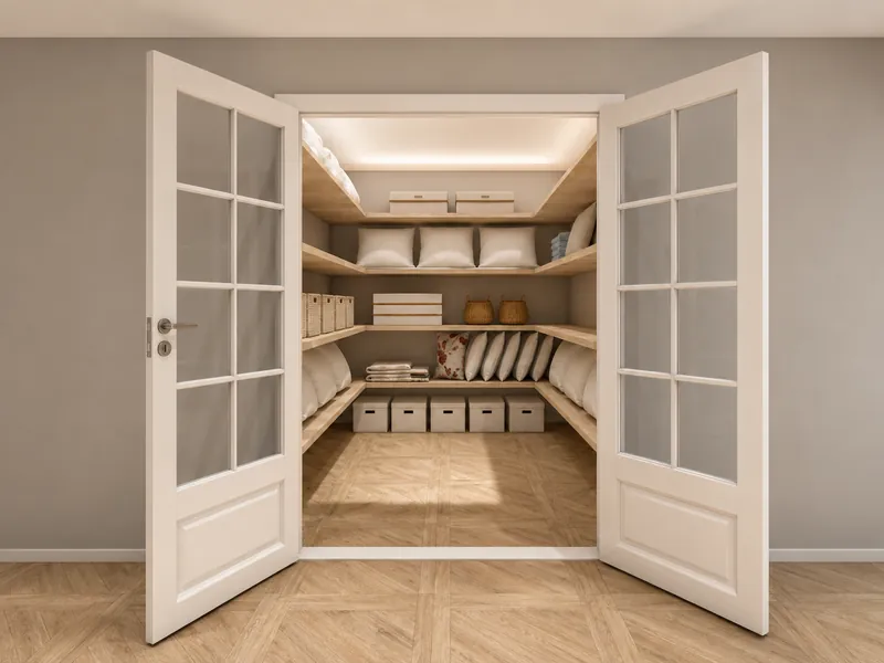 Organized walk-in linen closet viewed through open white French doors, with wraparound wooden shelves holding neatly arranged pillows, folded towels, baskets, and labeled storage boxes.