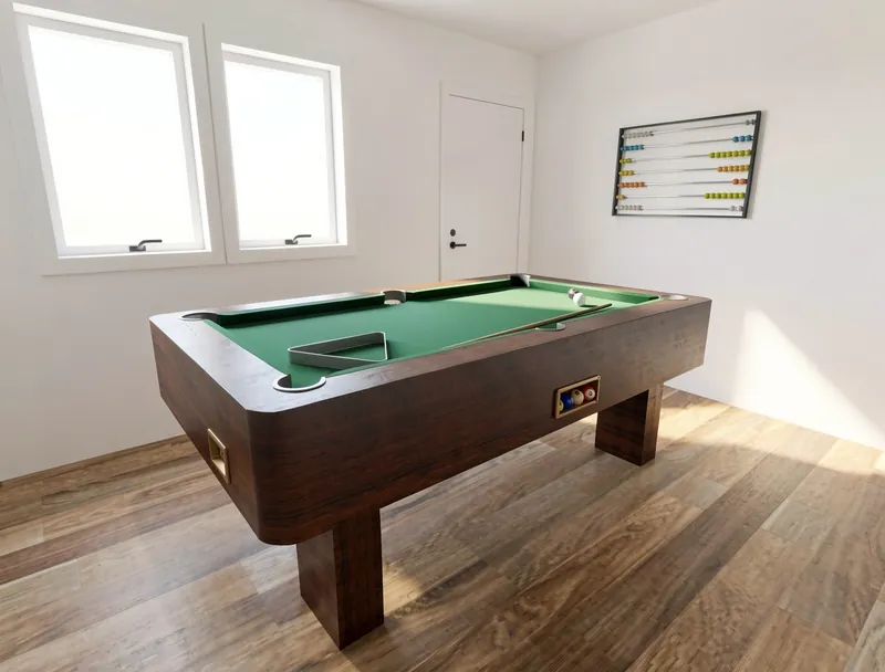Bright game room with a dark wood pool table, green felt, cue sticks and balls, wood-look flooring, two windows, a closed door, and a wall-mounted scoring rack.