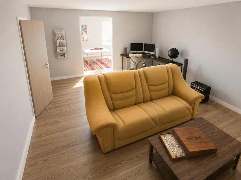 Multipurpose room with a mustard-yellow sofa, wooden coffee table and Scrabble board, a dual-monitor desk setup, speakers, a globe, and a small guitar amplifier.