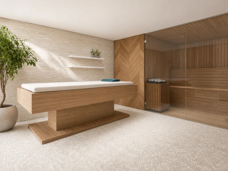 Spa room with a wooden massage table, potted tree, floating shelves, textured stone wall, and a glass-enclosed wood sauna.