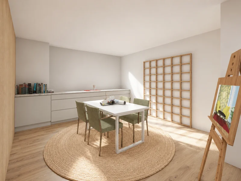 Bright craft room with a white worktable and four green chairs on a round woven rug, built-in storage, a wooden wall grid, and an easel displaying artwork.