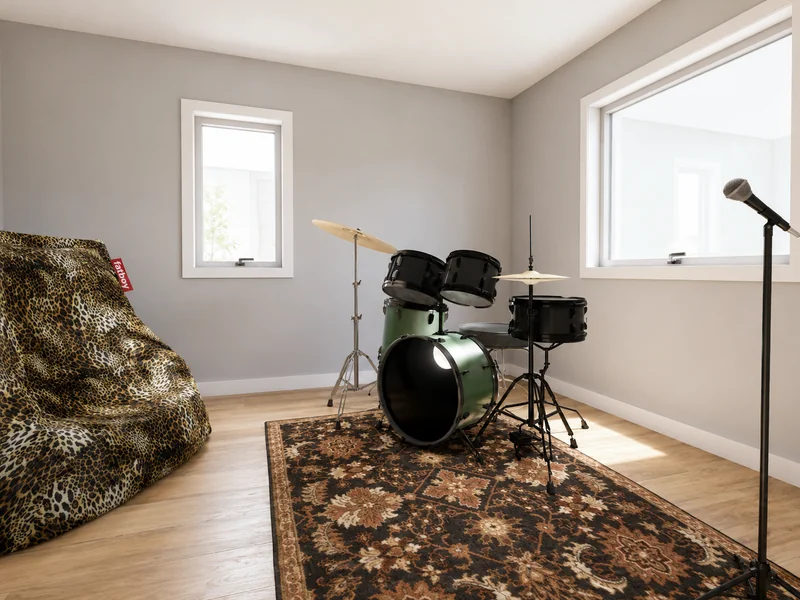 Music practice room with a green drum kit on a patterned rug, a microphone stand, a leopard-print beanbag chair, and two bright windows.