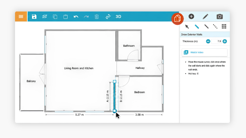 An apartment floor plan being drawn inside the RoomSketcher app.