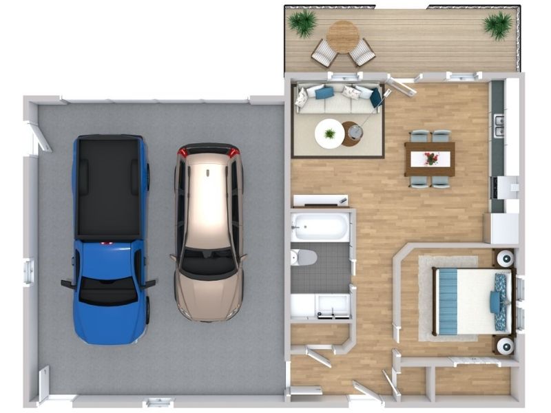 3D floor plan with a two-car garage, one bedroom, one bathroom, open kitchen, dining and living area, plus outdoor patio seating.