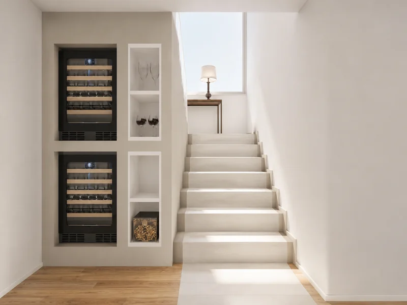 Bright stairwell with two built-in wine coolers, display niches holding wine glasses and corks, white steps, and a small lamp beneath a tall window.