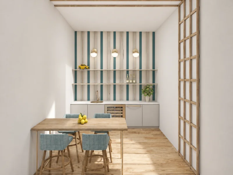 Compact dining nook with a wooden table, four blue upholstered chairs, striped accent wall, pendant lights, built-in cabinetry, a wine cooler, and open shelves.