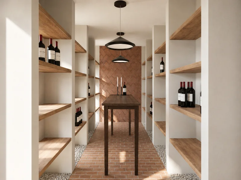 Narrow wine cellar with wooden display shelves, bottles, a tall tasting table, black pendant lights, terracotta floor tiles, and a herringbone brick accent wall.