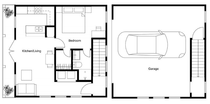 Black and white 2D floor plan with one bedroom, one bathroom, open kitchen and living area, plus a separate garage with space for one car.