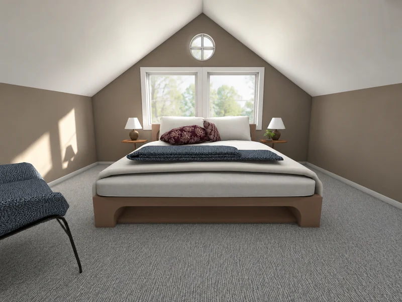 Attic bedroom with a vaulted ceiling, central bed, neutral carpeting, bedside lamps, a small upholstered bench, and large windows beneath a round feature window.