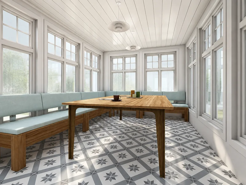 Bright sunroom with wraparound windows, pale blue built-in bench seating, a large wooden table, patterned tile flooring, and white pendant lights.