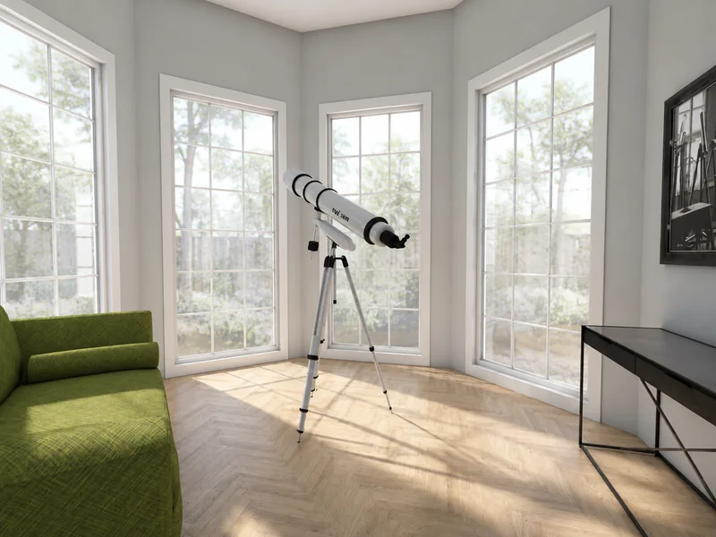 Bright observation room with floor-to-ceiling windows, a telescope on a tripod, a green sofa, a slim black console table, and framed wall art.