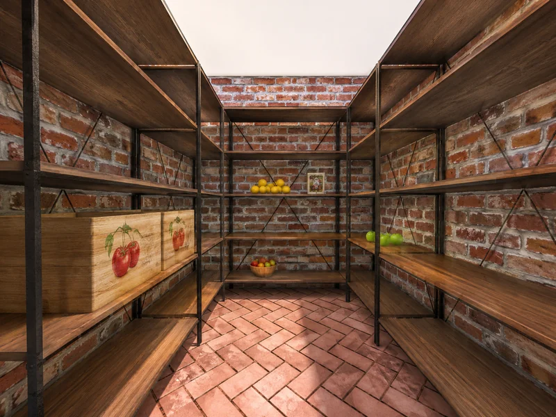Brick-walled pantry with dark wood and metal shelving, herringbone brick flooring, wooden storage crates, and baskets of lemons, apples, and green fruit.