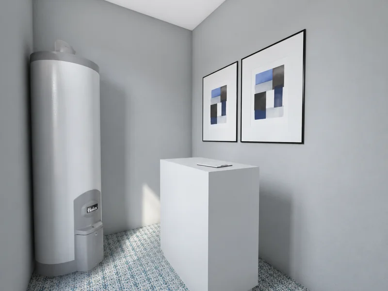 Utility room with a tall cylindrical water heater, a white top-loading appliance, two framed abstract prints, gray walls, and patterned tile flooring.