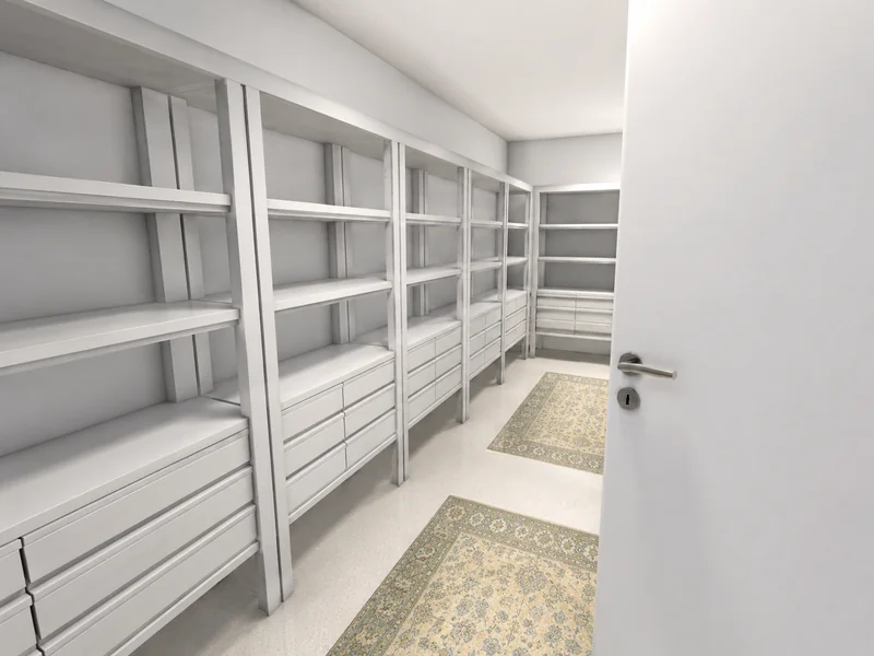 Walk-in storage room with white built-in shelving and drawers, two patterned runner rugs, and an open door.