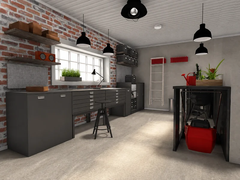 Industrial-style workshop with exposed brick, dark storage cabinets, a long workbench, hanging black lights, tool storage, plants, and garden equipment.