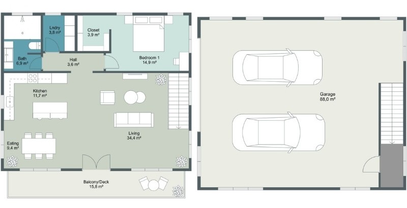 2D floor plan with a two-car garage on the right and a one-bedroom apartment on the left. The apartment includes a kitchen, eating area, living room, bathroom, laundry, closet, and balcony.