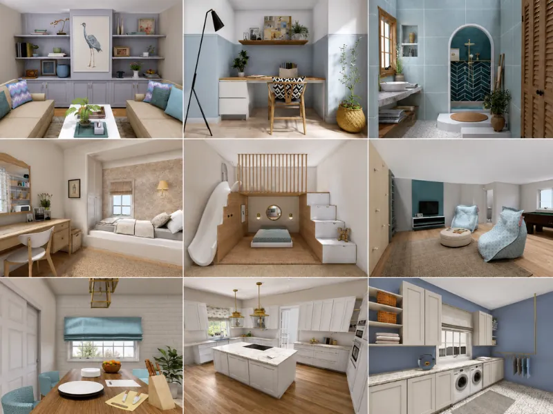 Collage of nine interior designs featuring a living room, home office, bathroom, bedroom, children’s play area, game room, dining nook, kitchen, and laundry room.