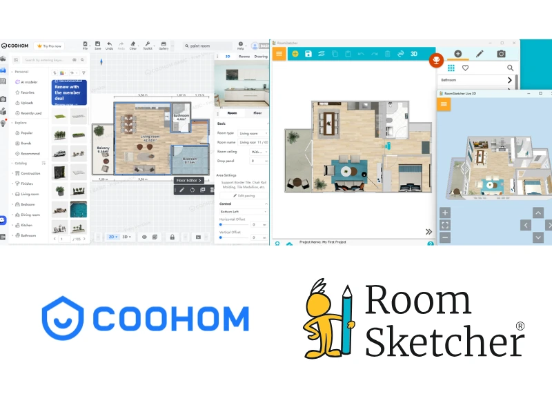 RoomSketcher vs Coohom. The image shows a screenshot of each platform user interface. On the left side of the image is the Coohom user interface. Below the screenshot is the Coohom logo. On the right side of the image is a screenshot of the RoomSketcher user interface. Below the screenshot is the RoomSketcher logo.