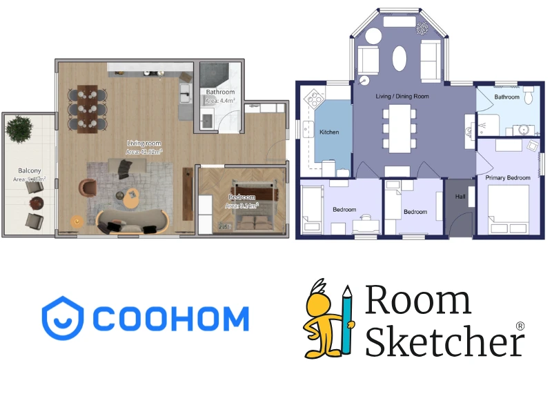 RoomSketcher vs Coohom. The image shows a comparison between the two platforms. On the left side is a 2D floor plan made with Coohom. Below the floor plan is the Coohom logo. The floor plan shows a furnished 1 bedroom apartment with one bathroom and an open kitchen living area. On the right side of the image is a 2D floor plan made with RoomSketcher. It shows a purple and blue color-coded floor plan with furniture. Below the floor plan is the RoomSketcher logo.