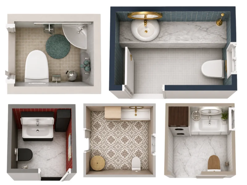 Five 3D powder room floor plan examples, each with a toilet and sink in different arrangements. Designs include square and rectangular layouts with varied finishes such as patterned tile, marble flooring, red accent walls, and modern vanities. Each small bathroom shows unique color schemes and fixture placements.