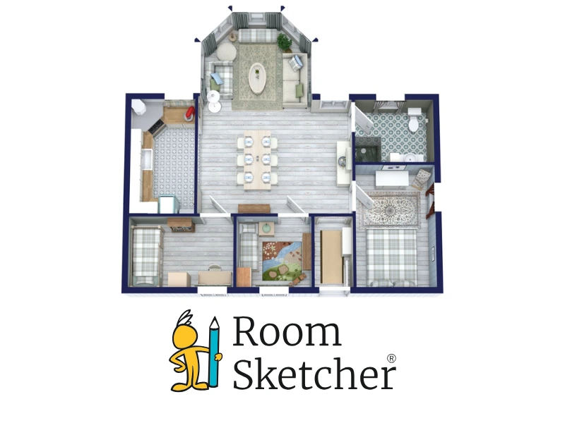 The image shows a 3D floor plan made with RoomSketcher. It is a floor plan of a 3 bedroom cozy cottage house. It is fully furnished and has one bathroom and a kitchen that opens up into the dining room which is attached to a sunroom. Below the floor plan is the RoomSketcher logo.