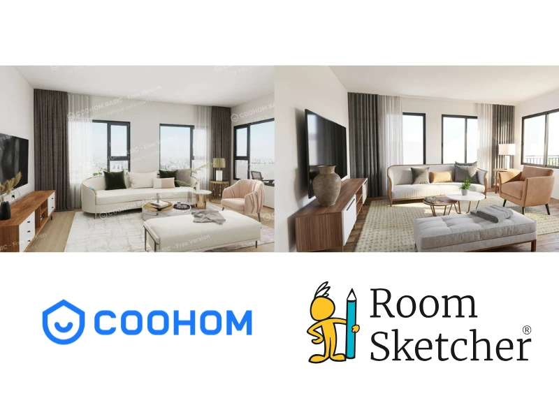 RoomSketcher vs Coohom. The image shows a comparison between the two platforms' AI Render tools. On the left side of the image is an AI rendered image made with a Coohom room. Below the image is the Coohom logo. On the right side of the image is an AI Render image made with RoomSketcher. Below the image is the RoomSketcher logo.