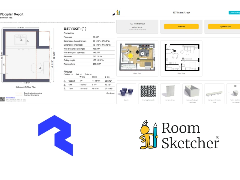 Polycam vs RoomSketcher. The image shows the comparison between the two floor plan tools' project presentation sharing. On the left side of the image is a screenshot of the Polycam Floorplan Report. Below the screenshot is the Polycam logo. On the right side of the image is a screenshot of a RoomSketcher Project Presentation. Below the screenshot is the RoomSketcher logo.