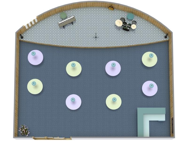 3D floor plan of a concert hall set up for an informal event with round tables spread across the main floor.
