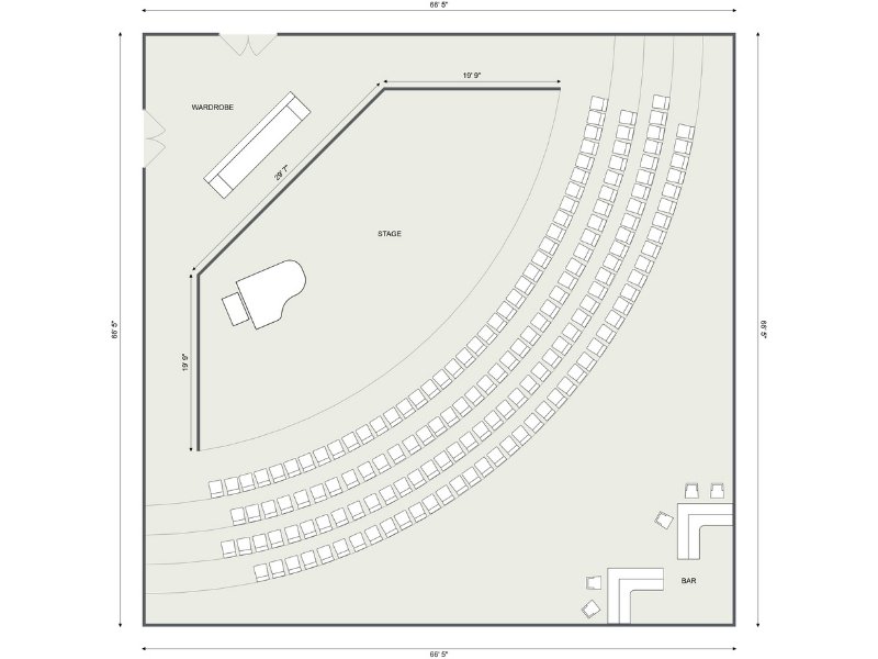 2D floor plan of a concert hall showing a stage area with a grand piano, curved rows of audience seating, and labeled areas for a wardrobe and bar. The plan includes precise measurements for walls and distances, giving a clear view of the room layout and flow.