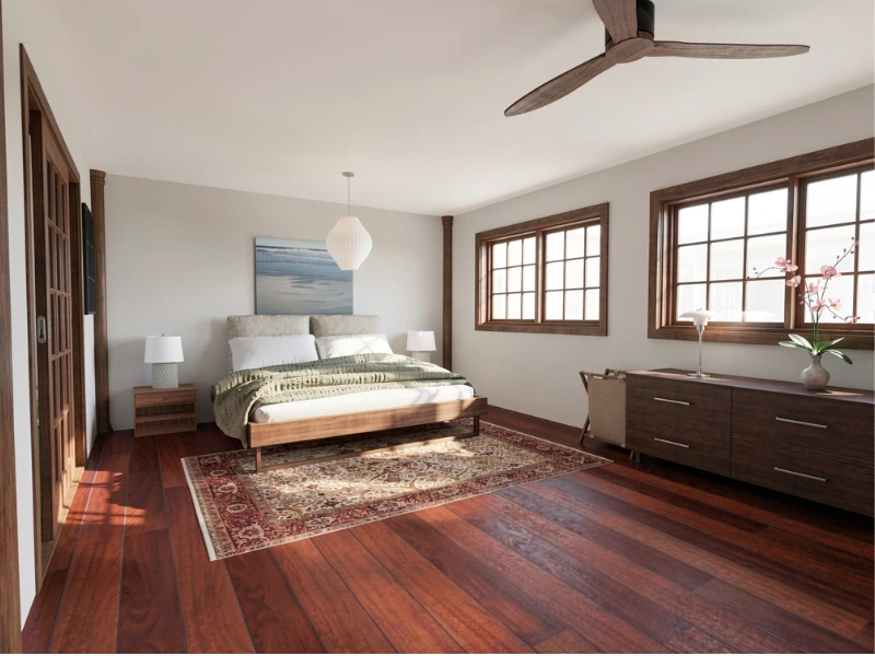 AI Render of a bedroom in the style of a modern korean hanok. The image shows a double bed, with nightstands on both sides with lamps. Above the bed there is a lamp hanging from the ceiling. By the right wall of the image, there is a dresser with a lamp on top and a flower on top. The floors are a dark-stained wood, and there is a carpet at the foot end of the bed.