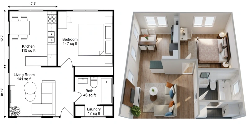 Side-by-side comparison of a compact one-bedroom apartment shown as a labeled 2D floor plan and a furnished 3D floor plan. The layout includes a kitchen, living room, bedroom, bathroom, and laundry area.