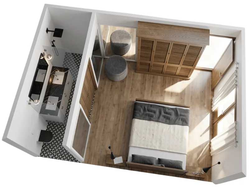 Top-down 3D rendering of a compact bedroom with an adjoining bathroom. The bedroom has a double bed, wooden wardrobe, two round stools by the window, light wood flooring, and large windows with white curtains. The bathroom includes a shower, toilet, double-sink vanity, and black-and-white patterned floor tiles.