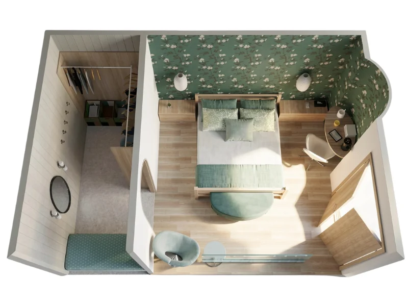 Top-down 3D rendering of a bedroom with an open walk-in closet. The room features a double bed with green bedding, floral green wallpaper, light wood flooring, a curved window nook with a desk and chair, and a small seating area near a glass partition. The closet includes hanging clothes, shelving, an oval wall mirror, and a cushioned bench.