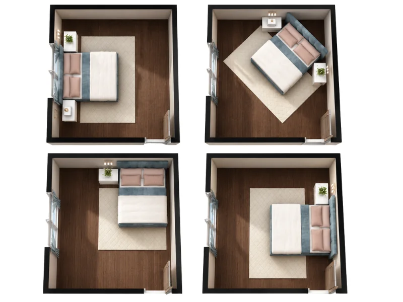 Top-down comparison of four bedroom layouts showing a double bed positioned differently in the same rectangular room: against the left wall, angled in a corner, centered on the top wall, and against the right wall. Each layout includes dark wood flooring, a light area rug, bedside tables, and windows with curtains.