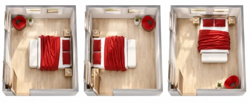 Top-down comparison of three bedroom layouts showing a double bed placed against the right wall, left wall, and top wall. Each room has light wood flooring, red-and-white bedding, bedside tables, a red accent chair, windows, and open walking space around the bed.